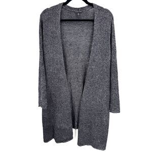 EILEEN FISHER Black Silver Metallic Linen Long Open Cardigan Size L Large